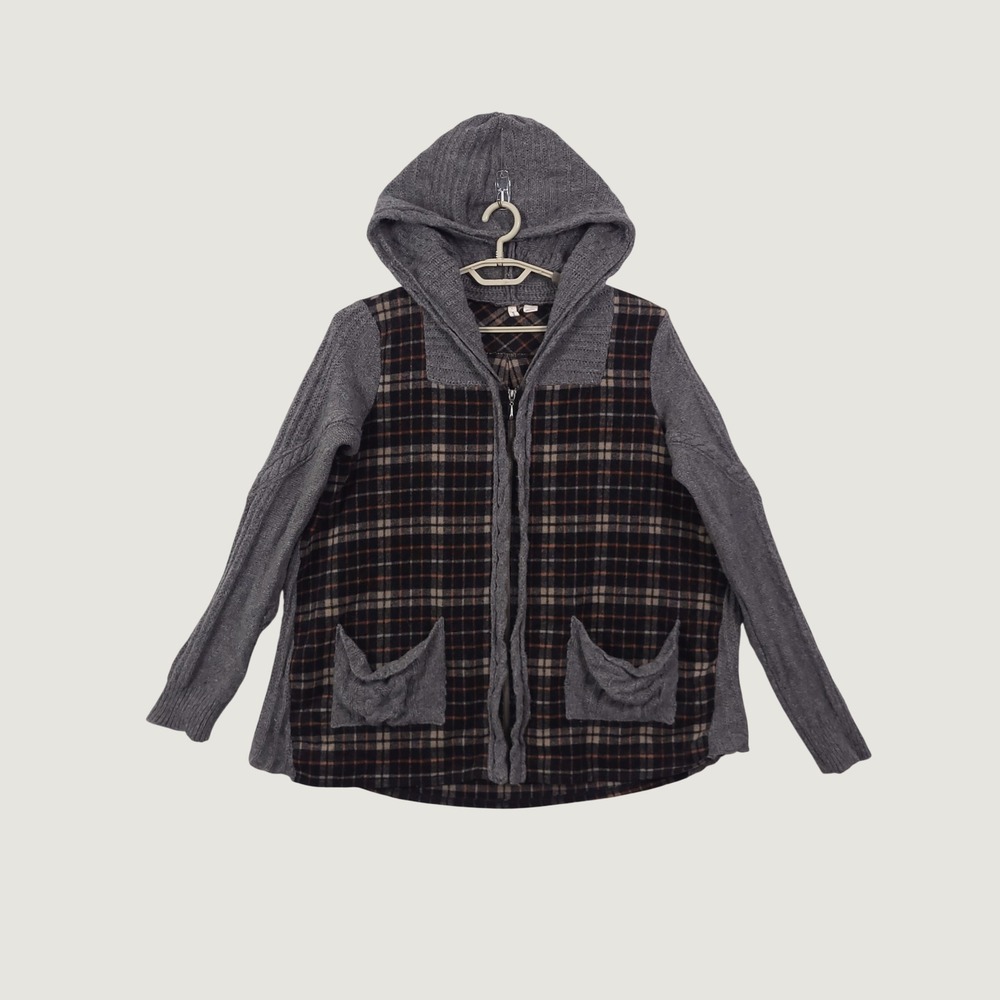 Moth Anthropologie Derry Sweater Jacket XL Plaid Wool Mixed Media Hooded Boho